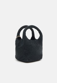 Borsa a mano nera con paillettes, dotata di manici arrotondati, forma strutturata e superficie testurizzata. Presenta un accento in catena dorata.