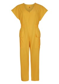 Gul jumpsuit med korta skörtärmar, V-urringning, elastisk midja, två framfickor och rak bendesign.