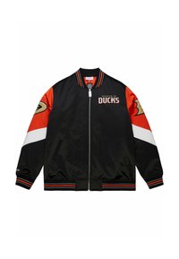 Schwarze Bomberjacke mit roten und weißen Ärmeln, "Anaheim Ducks"-Logo und gestreiften Akzenten an den Bündchen und dem Saum. Hergestellt aus glattem, glänzendem Stoff.