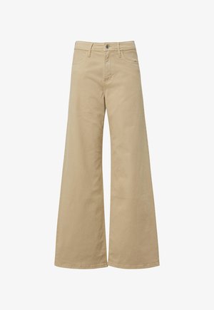 Beige weite Hose aus Baumwolle mit Knopfverschluss, Gürtelschlaufen und Fronttaschen. Glatte Textur mit lockerer Passform.