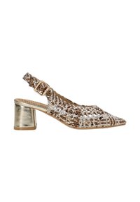 Zapato slingback de punta con un tacón bloque metálico dorado. La parte superior presenta un diseño trenzado en tonos de marrón y plata. Correa ajustable con hebilla.