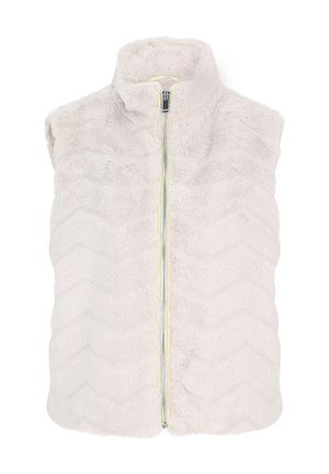 Gilet sans manches en fausse fourrure gris clair avec un motif en chevrons, présentant une fermeture éclair à l'avant avec une tirette jaune et un col montant.