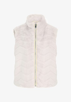 Faux fur mouwloze vest in lichtgrijs met een chevronpatroon, voorzien van een rits aan de voorkant met een gele trekker en een hoge kraag.