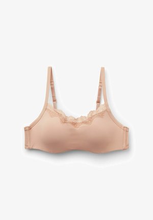 Hautfarbener nahtloser BH mit verstellbaren Trägern und Spitzendekor am oberen Rand, entworfen für Komfort und leichten Halt.