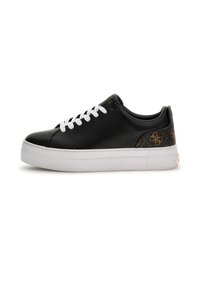 Sneakers in pelle nera con lacci bianchi, suola spessa bianca e dettagli marroni a motivo sul tallone con particolari in oro.