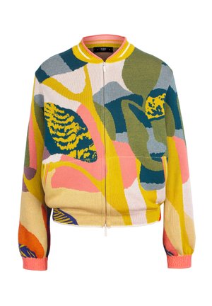 Colorful knitted bomber jacket featuring bold patterns in green, yellow, pink, and blue. Zipped front, elastic cuffs, and waistband.