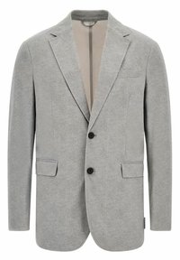 Blazer su misura grigio chiaro realizzato in tessuto testurizzato, dotato di due tasche frontali, due bottoni neri e design con rever a punta.