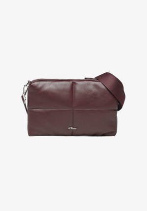 Burgundy leather crossbody bag with a smooth texture, featuring a zip closure and a wide fabric strap. s.Oliver logo displayed.