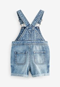 Jeans-Latzhose mit verstellbaren Trägern, hellblauem Waschung, zwei Gesäßtaschen und umgeschlagenen Beinen. Verfügt über Metallclips und gestickte Akzente.