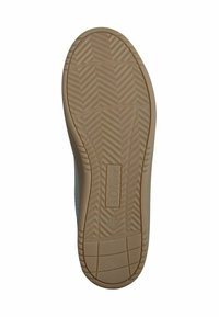 Suola di scarpa in gomma color tan con un motivo a zigzag e branding. Presenta una texture rialzata per aderenza e durata. Taglia 37 indicata.