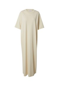 Crème-kleurige, oversized t-shirt jurk van zachte stof, met korte mouwen en een ronde halslijn, met een rechte, vloerlange silhouet.