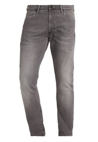 Smal passform grå denimjeans med en bleknad finish, fem fickor och bältesloopar. Har en dragkedja och metallknapp för en säker passform.