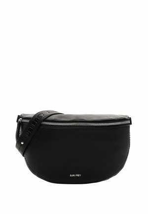 Black leather crossbody bag with a rounded shape, zip closure, and embossed strap. Features subtle branding on the front. Smooth texture.