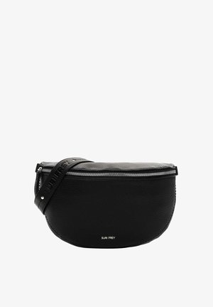 Black leather crossbody bag with a rounded shape, zip closure, and embossed strap. Features subtle branding on the front. Smooth texture.