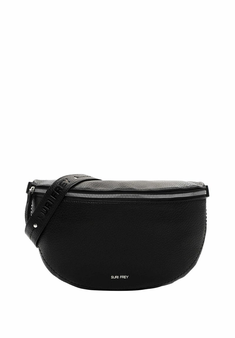 Borsa a tracolla in pelle nera con forma arrotondata, chiusura con zip e tracolla goffrata. Presenta un branding discreto sulla parte anteriore. Texture liscia.