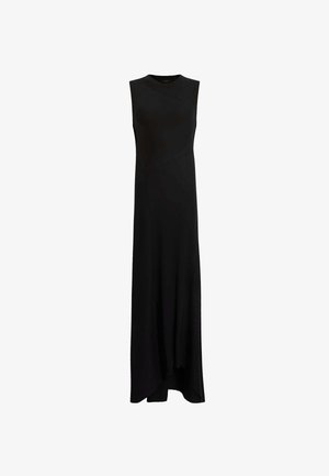 Sleeveless black maxi dress with a fitted bodice, asymmetric hemline, and textured fabric. Minimalist design with no visible hardware.