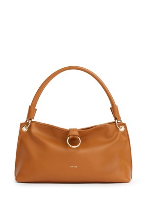 Borsa a tracolla in pelle color cuoio con manico superiore curvo, dettaglio ad anello dorato al centro della parte anteriore e piccolo logo "MIRIADE" sul pannello frontale.