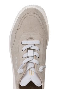 Jasnoszary zamszowy sneaker z białymi sznurowadłami zawiązanymi na pętlę, białą podeszwą i subtelnym tekstem marki po boku.