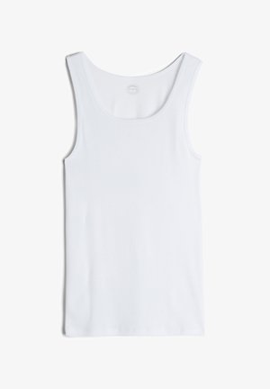 Witte katoenen tanktop met een geribbelde textuur, ronde halslijn en brede schouderbanden, ontworpen voor een aansluitende silhouet zonder patronen of accenten.