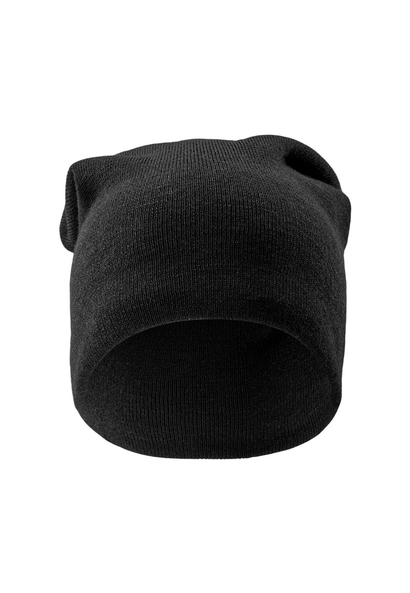 Căciulă tricotată neagră, cu un finisaj moale și texturat. Prezintă o ajustare strânsă și un design cu margine rulată pentru un plus de confort și căldură.