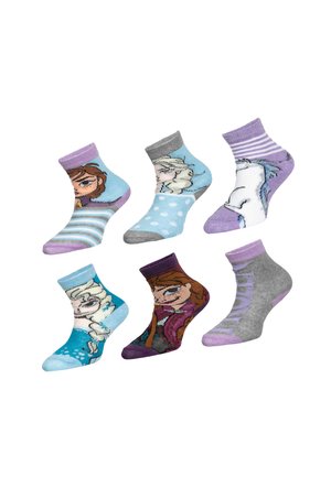 Six colorful children's ankle socks featuring animated characters and patterns in blue, purple, gray, and white tones on a white background.