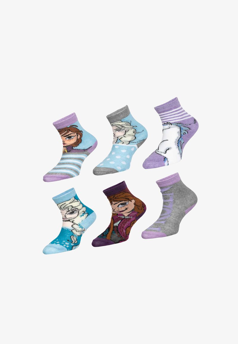 Zes kleurrijke enkelsokken voor kinderen met geanimeerde figuren en patronen in blauw, paars, grijs en wit tinten op een witte achtergrond.