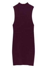 Vestido sin mangas de canalé en púrpura oscuro, con un escote alto y una silueta ajustada, fabricado con una tela texturizada y un dobladillo recto.