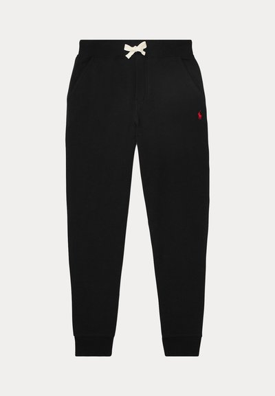 Pantalon de jogging noir avec cordon blanc, poches latérales, poignets côtelés aux chevilles et petit logo rouge sur la cuisse droite.