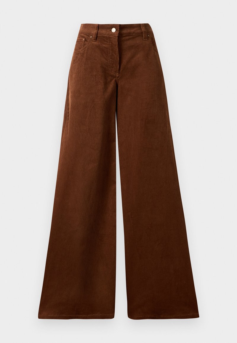 Brown corduroy wide-leg pants with a high waist, featuring a front button closure and two front pockets. Soft texture with vertical ribbing.