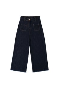 Jeans de mezclilla oscura de pierna ancha con un dobladillo sin terminar y cinco bolsillos, con costuras en tono camel y cierre frontal de botón.