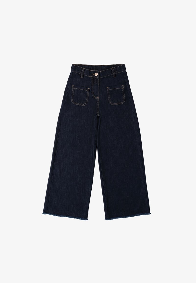 Jeans de mezclilla oscura de pierna ancha con un dobladillo sin terminar y cinco bolsillos, con costuras en tono camel y cierre frontal de botón.