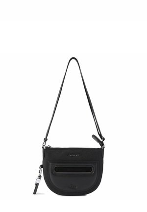 Sac à bandoulière noir Hedgren avec une poche zippée sur le devant et une longue bandoulière réglable, présenté sur fond blanc.