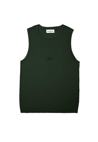Green ribbed tank top with a rounded neckline and no sleeves. Features subtle branding in black near the center. Soft texture.