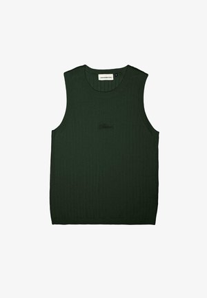 Roheline ribadega tank top ümmarguse kaelaaugu ja ilma varrukateta. Musta värvi tagasihoidlik bränding keskosas. Pehme tekstuur.