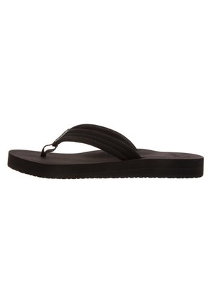 Zwarte flip-flop met rubberen zool, voorzien van een ontwerp met één band en drie horizontale groeven. Vlakke, gladde textuur zonder extra patronen.