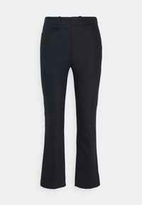 Svarta, utsvängda byxor i mjukt tyg. Har en midjehöjd medel, bältesslingor och två framfickor. Rent och stilrent design.