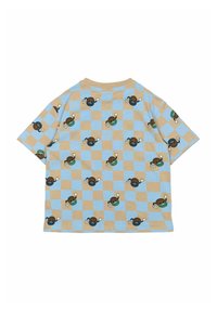 Krátký rukáv, oversized tričko s modro-beige kostkovaným vzorem a kreslenými šneky, vyrobené z měkké bavlněné tkaniny.