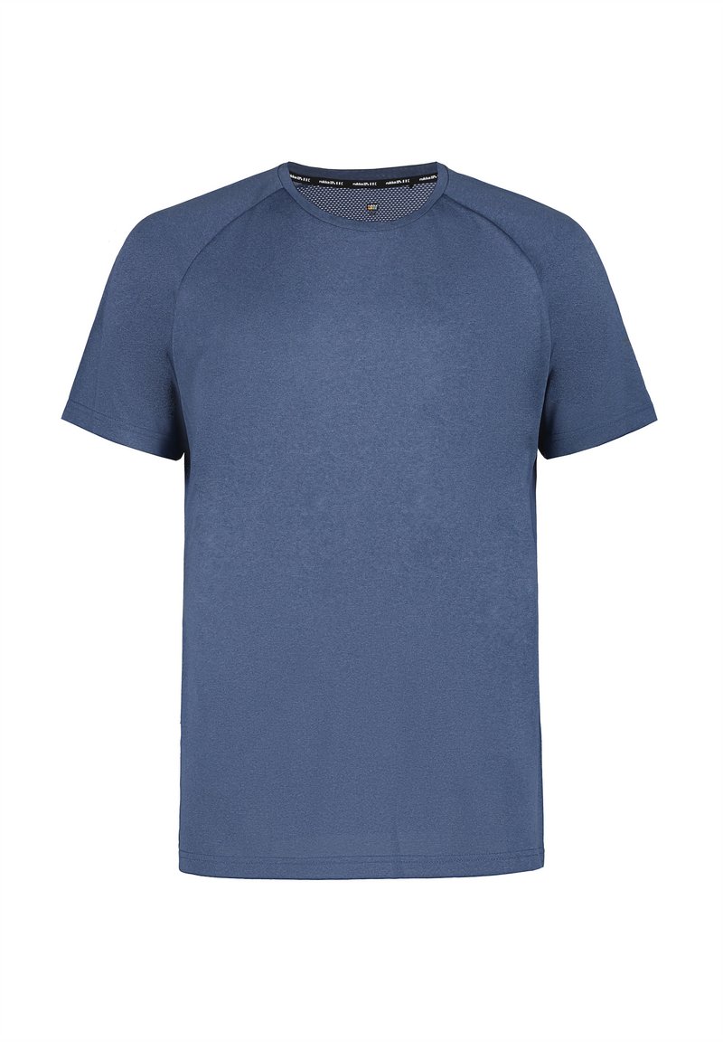 T-shirt blu a maniche corte realizzato in tessuto morbido, con colletto tondo e maniche raglan. Texture liscia senza pattern o accenti visibili.