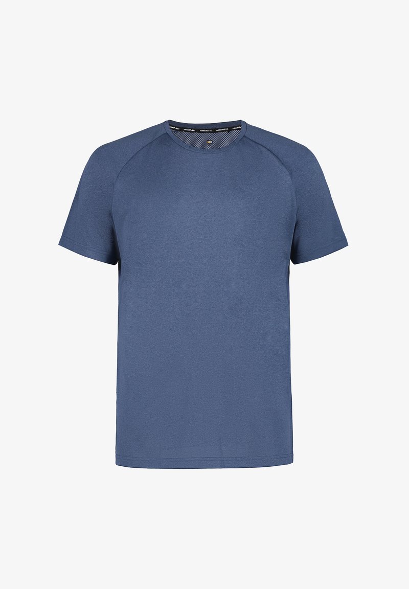 Blå kortærmet t-shirt lavet af blødt stof, med rund hals og raglanærmer. Glat tekstur uden synlige mønstre eller accenter.