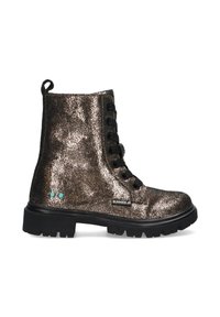 Stivaletto bronzo glitterato con lacci neri, tomaia testurizzata e suola nera robusta. Presenta dettagli turchesi e una piccola linguetta per il tallone.
