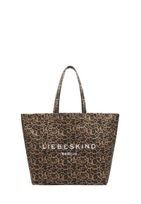 Torba typu tote w panterkę w brązowo-czarnym płótnie z dwoma uchwytami. Na przodzie widnieje wyraźne białe logo: "LIEBESKIND BERLIN".