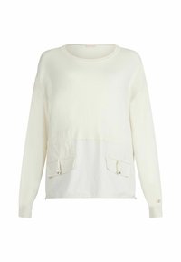 Maglione bianco con scollatura rotonda, maniche lunghe e due grandi tasche testurizzate con chiusura a cordoncino in vita.