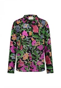 Bloemige blouse van lichtgewicht stof met een kleurrijk patroon van roze, groen, paars en zwart, met een kraag en lange mouwen.