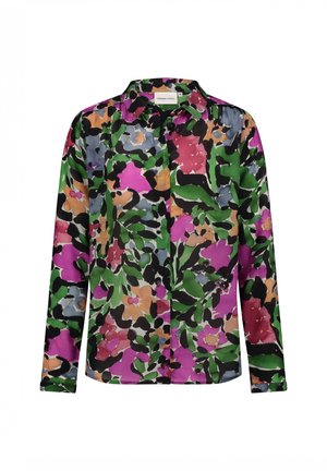 Blumenbluse aus leichtem Stoff mit einem bunten Muster in Rosa, Grün, Lila und Schwarz, kragenloser Halslinie und langen Ärmeln.