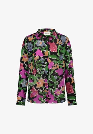 Bloemige blouse van lichtgewicht stof met een kleurrijk patroon van roze, groen, paars en zwart, met een kraag en lange mouwen.