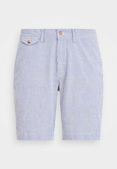 Shorts rayés en coton bleu et blanc. Comprend une fermeture à bouton, des poches latérales et un ourlet net. Tissu texturé avec des rayures verticales.