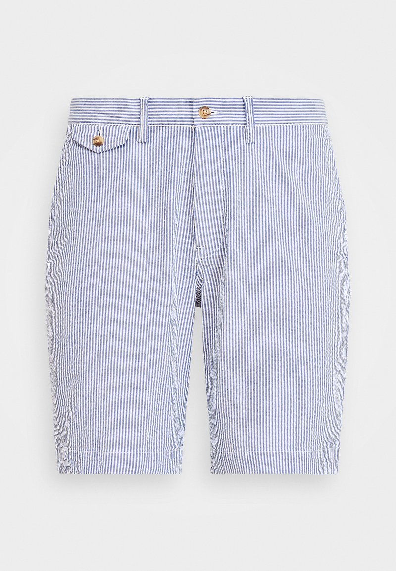 Shorts полосати в albastru și alb din bumbac. Prezintă un sistem de închidere cu nasture, buzunare laterale și un tiv curat. Material texturat cu dungi verticale.