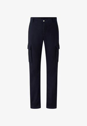 Navy blue straight-leg cargo pants with flap pockets on each thigh and a button closure at the waist.