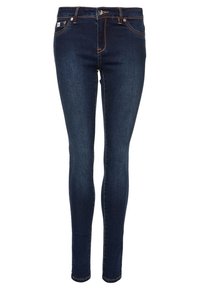 Tummansiniset skinny-farkut, jotka on valmistettu denimestä, ja niissä on klassinen viiden taskun muotoilu, vetoketjusuljenta ja kontrastivärinen ompelu saumoissa.