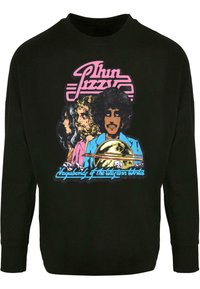 Sort sweatshirt med et grafisk print af tre illustrerede figurer og tekst i livlige farver, herunder pink, blå og gule accenter.